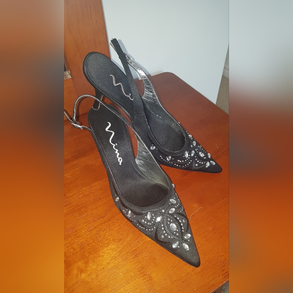 Nina Black Embellished Women's Slingback Heels